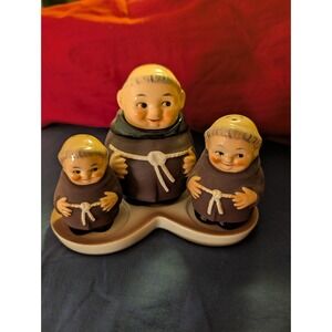 VINTAGE SALT, PEPPER, SUGAR W/ STAND COMPLETE  MONK SET - WEST GERMANY Goebel.